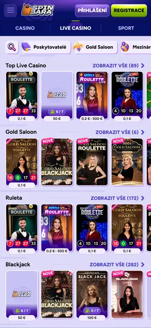 Spinbara — živé casino se stoly Gold Saloon, ruletou a blackjackem